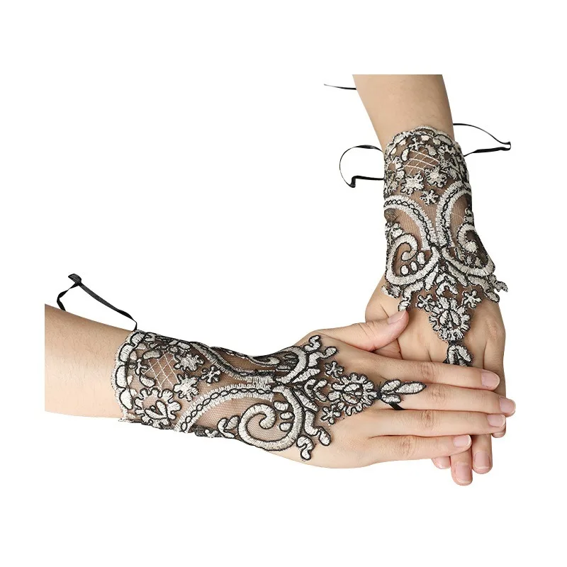 قفازات الزفاف بدون أصابع النساء الدانتيل أسود أبيض قفازات العروس قفازات طويلة أنيقة القفازات الإكسسوار HLST01