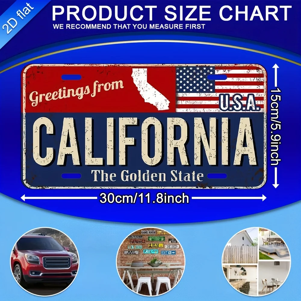 Placa de matrícula de California, letrero de metal, arte de pared de aluminio con bandera americana y diseño Golden State, impresión UV, interior/exterior D