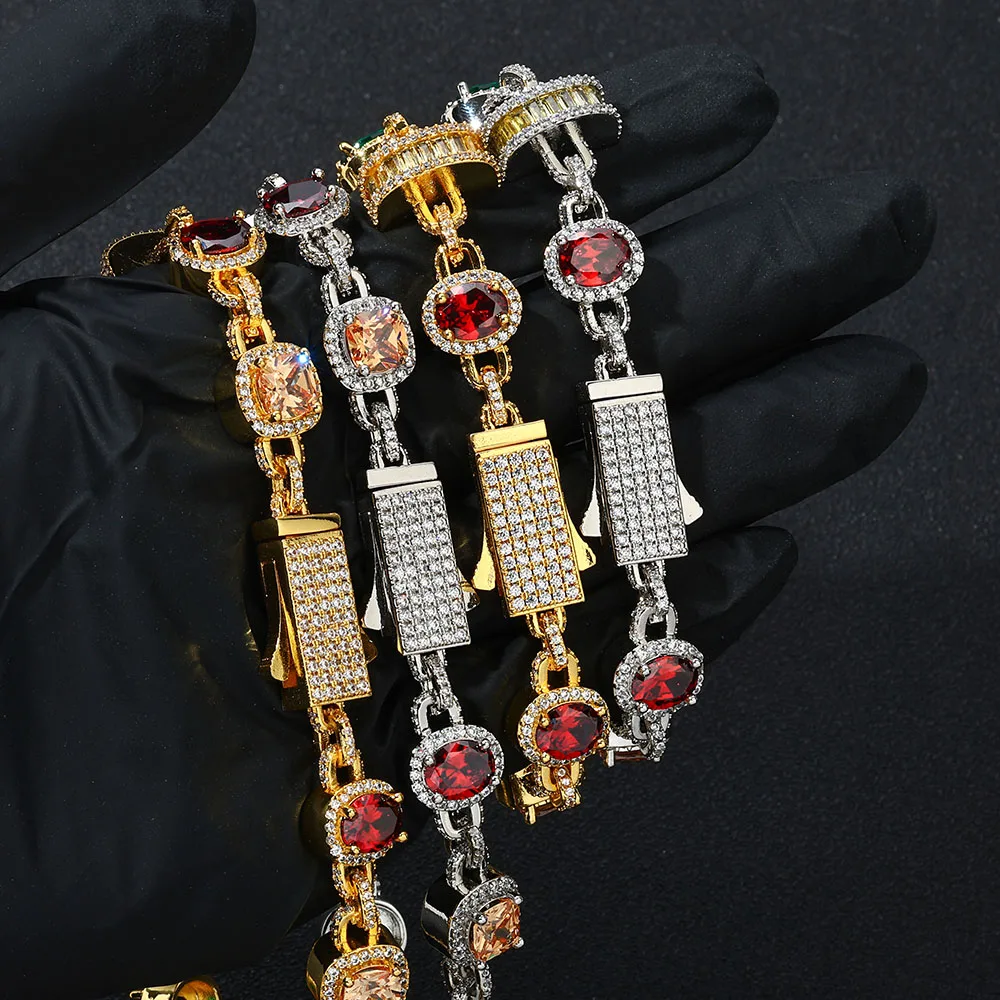 

NY 15mm Iced Cold Colored Zircon Geometric Pattern Necklace Boutique Chain Link Fashion Hip Hop Style Jewelry Women's Bracelet