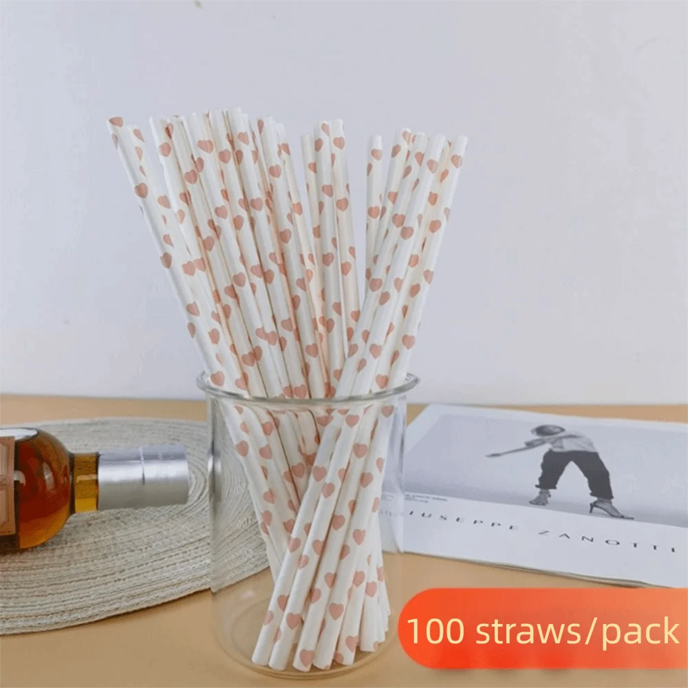 100pcs 3 Colors Disposable Paper Straw Heart Print Multipurpose Beverage Straw Environment Protection Paper Pipette Cafe