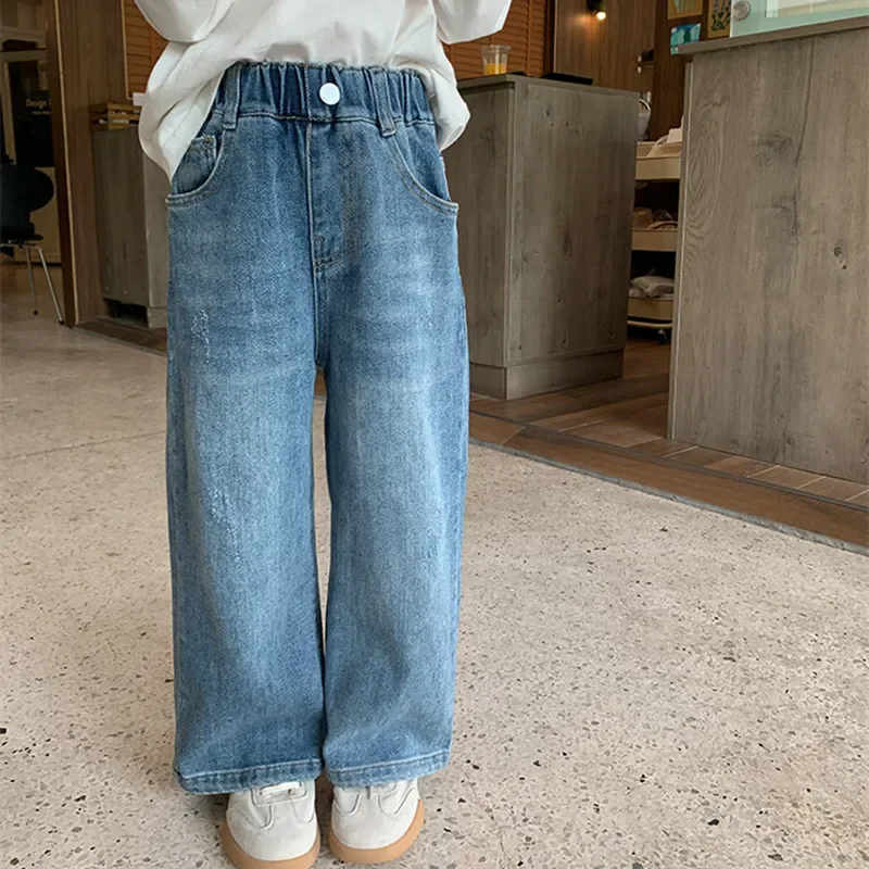 

Осень 2023, детские свободные джинсы, повседневные джинсовые брюки в корейском стиле для маленьких девочек, детские прямые брюки