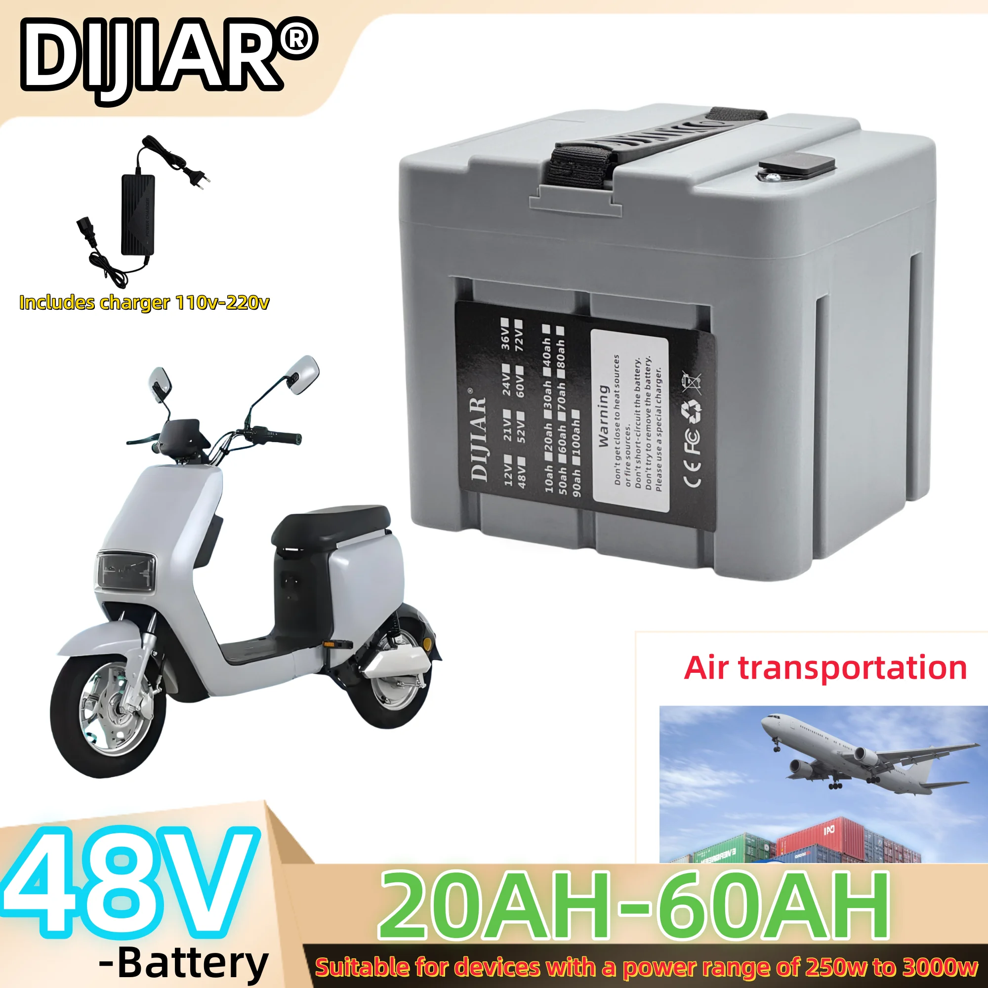 

Air freight, 48V60AH new 18650 lithium battery, small white box, easy to carry, suitable for motors below 3000W