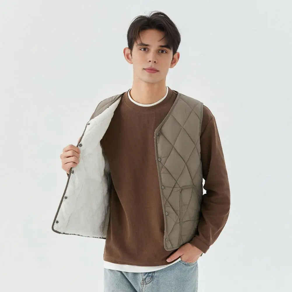 Men Winter Waistcoat Men's Winter Waistcoat with Thickened Velvet Lining Pockets Single Breasted Solid Color Vest Coat for Cold