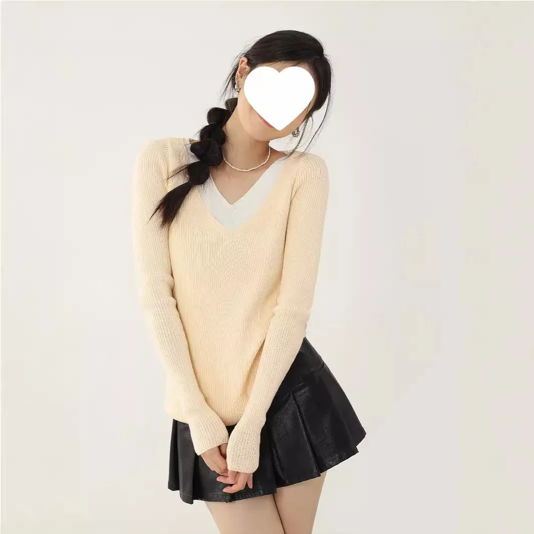 

Gentle Fashionable Women Knitwear Summer New 2025 Purple Fake Two Pieces Button V-Neck Puff Sleeve Breathable Long Sleeve Wh3