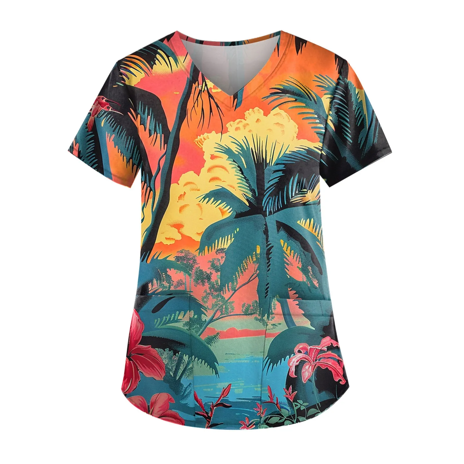 Damska bluzka medyczna z nadrukiem liści, luźna, miękka, z dekoltem w serek, z krótkim rękawem, idealna dla pielęgniarek i personelu medycznego.