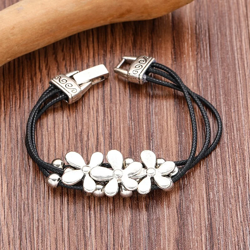 Bohemian Vintage Creative Flowers Beaded Bracelets for Men and Women Fashion Multi-layer Leather Rope Bracelet Jewelry