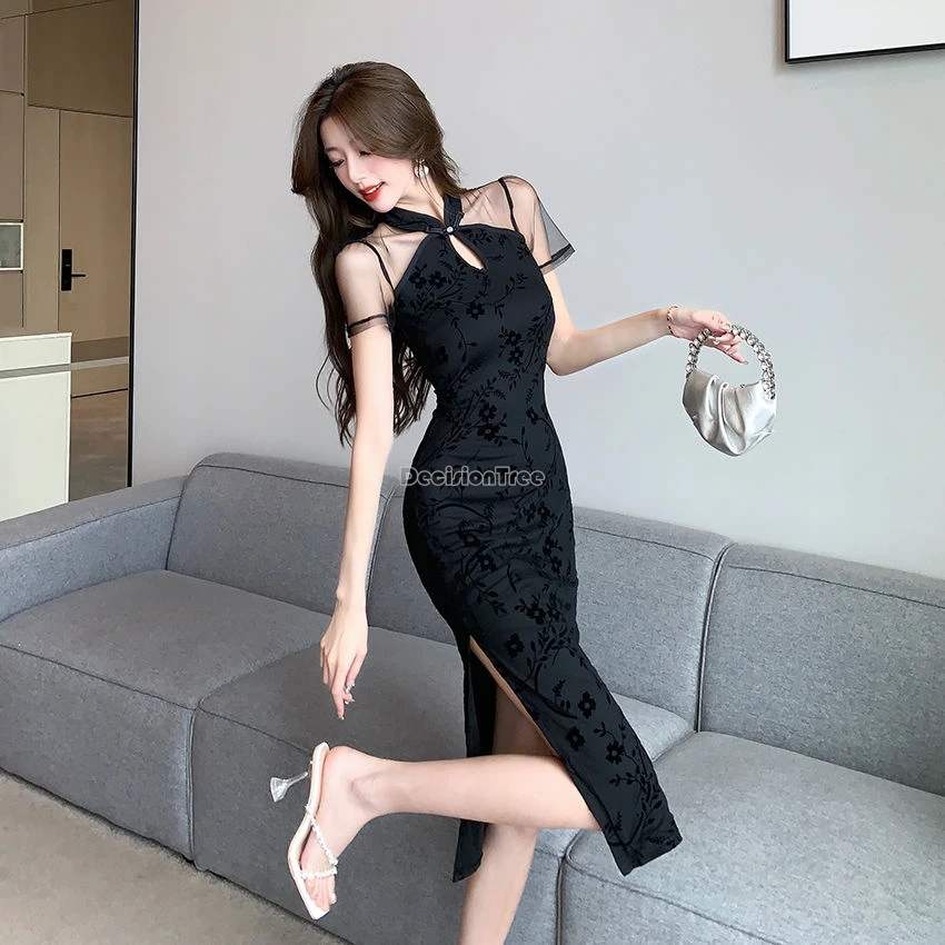 

2025 new chinese style women improved mesh splicing design slimming qipao dress mid-length fashion retro long cheongsam dress