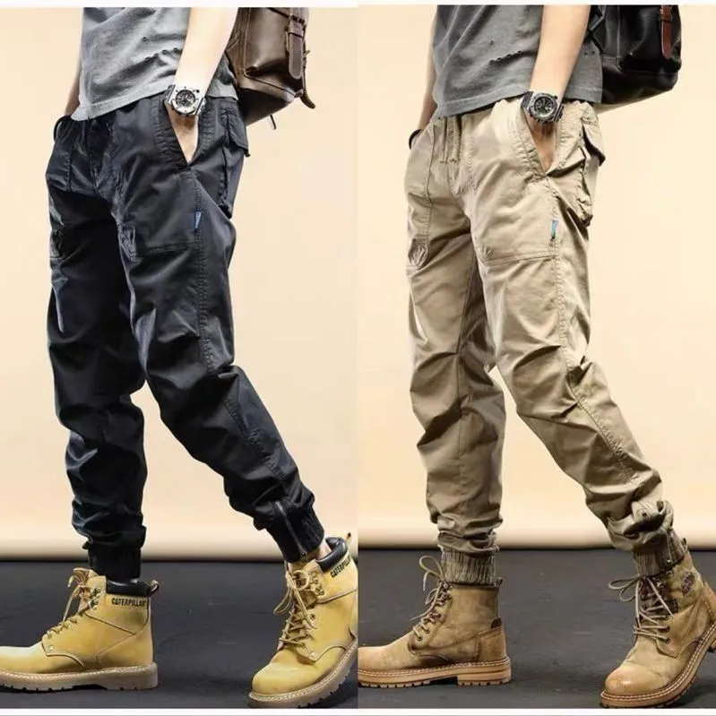 

Мужские свободные прямые хлопковые рабочие брюки для активного отдыха, повседневные брюки на молнии с манжетами, тактические карго-брюки для весны, осени и зимы