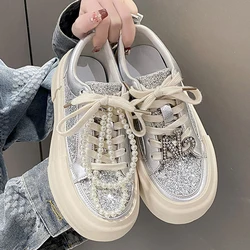 Women Platform Sneakers Shine Design Casual Outdoor Shoes Lace Up Luxury Sneakers High Quality Tennis Sports Shoes Female 35-40