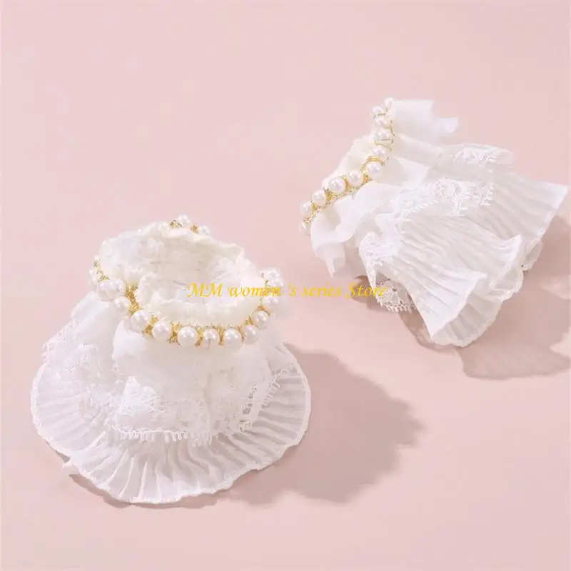 Q39C Elegant Pearls Lace Wrist Cuff False Sleeves Bowknot Jabot Costume Accessory Ribbon Ruffled Brim Crosses Wristband
