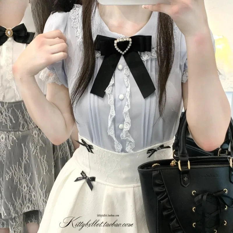 

Sweet Girls Summer New Versatile Top Mine Mass Production Lace Shirt Off-Shoulder Bow Doll Collar Short Sleeve Blouse