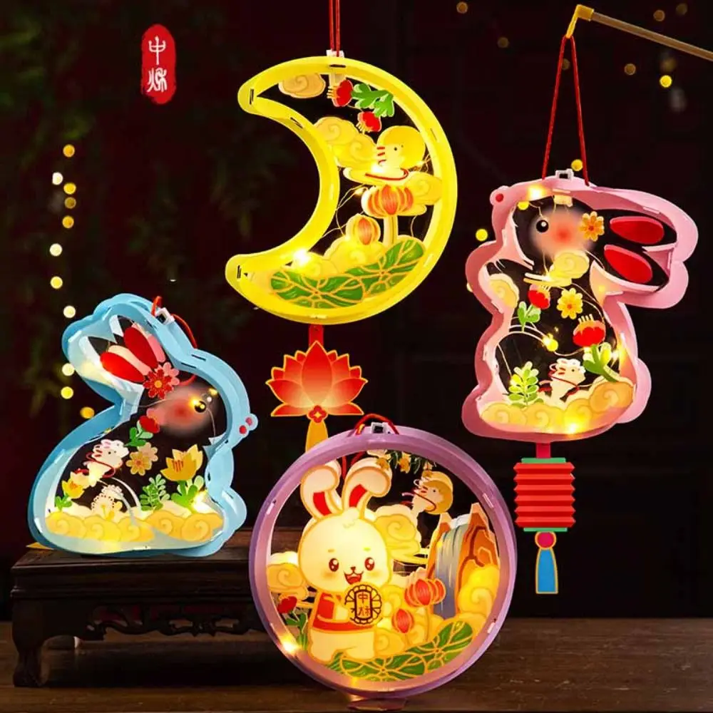 3D Middle Autumn Festival Lantern Rabbit Hand Made Children DIY Lantern Material Kit PP Cartoon Ancient Style Handheld Lantern