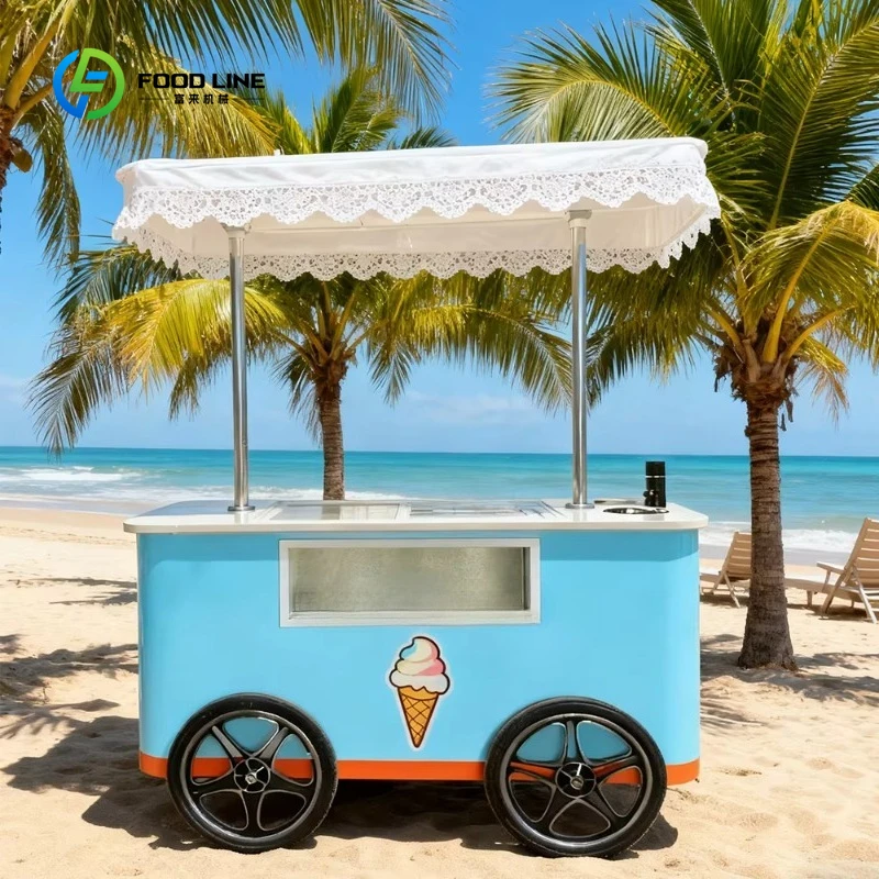 Customized Flower Trolley Freezer Cabinet Mobile Ice Cream Fast Food Cart Resistant Galvanized 4-Wheel Towable Outdoor Street