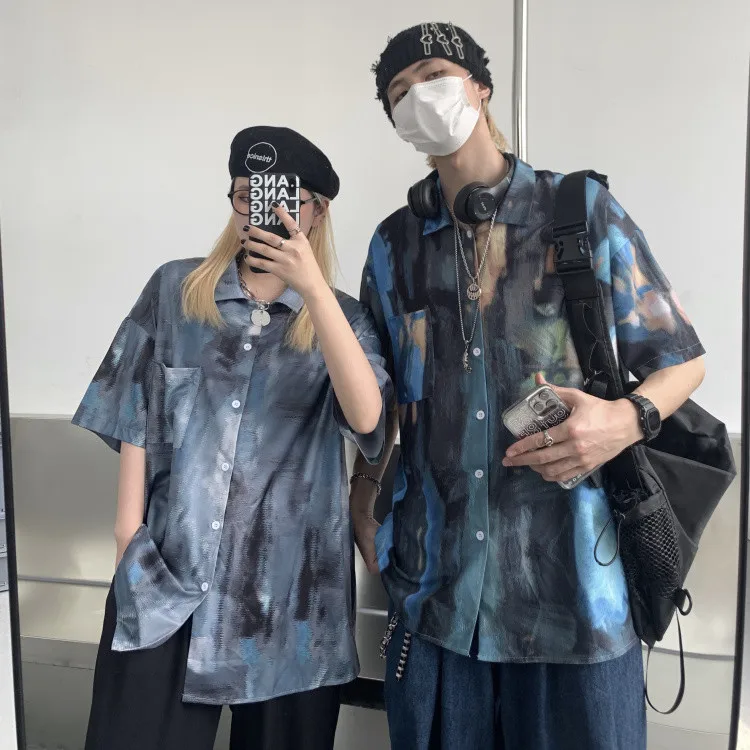 

Summer Quality Harajuku Beach New Arrival Men Short Sleeve Casual Anime Shirt Blouse Loose Surfing Hawaiian Tie Dye Ins Shirt