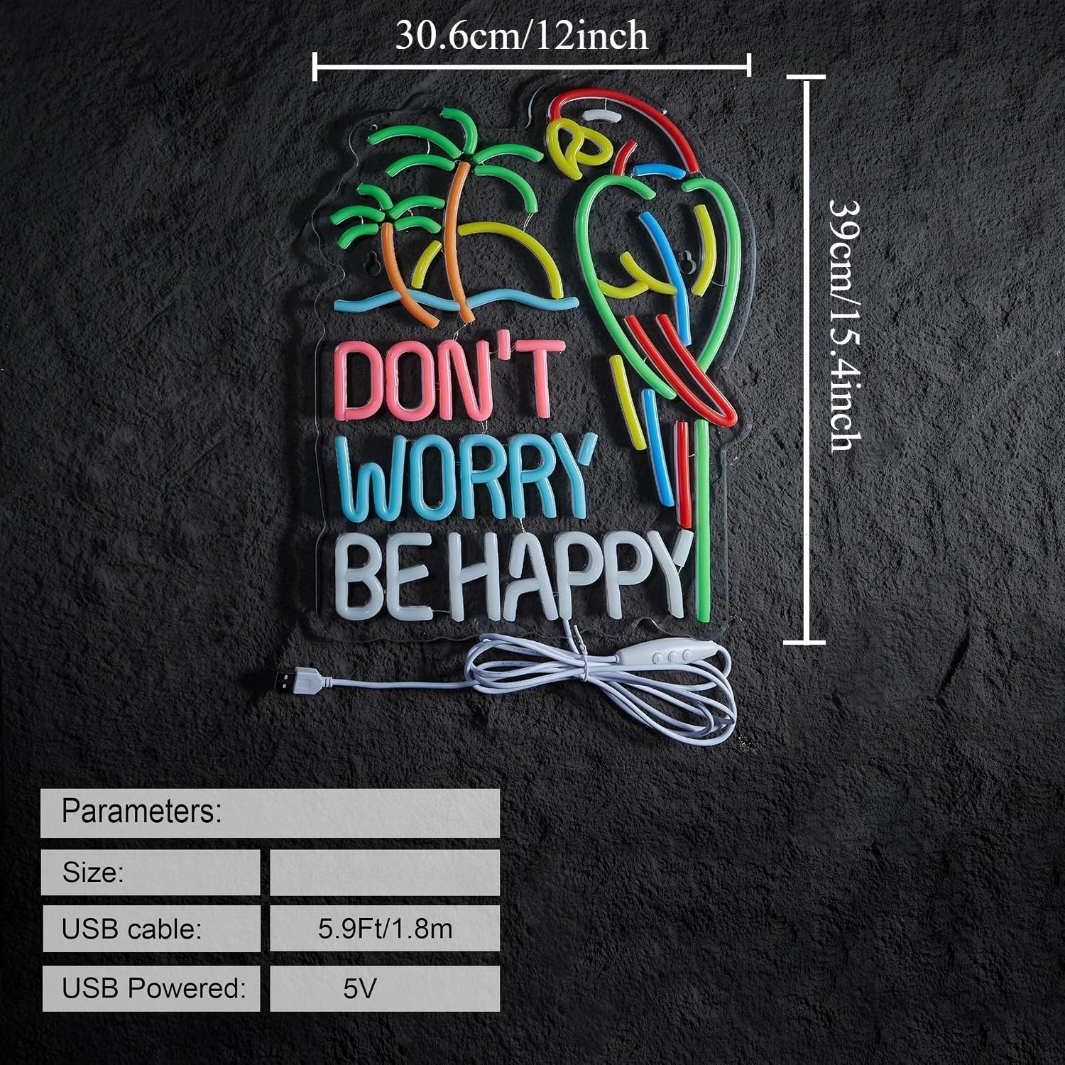  Don't Worry Be Happy LED Neon Sign USB Parrot Palm Tree Tropical Neon Lamp Beach Tiki Bar Patio Summer Home Decor Gift