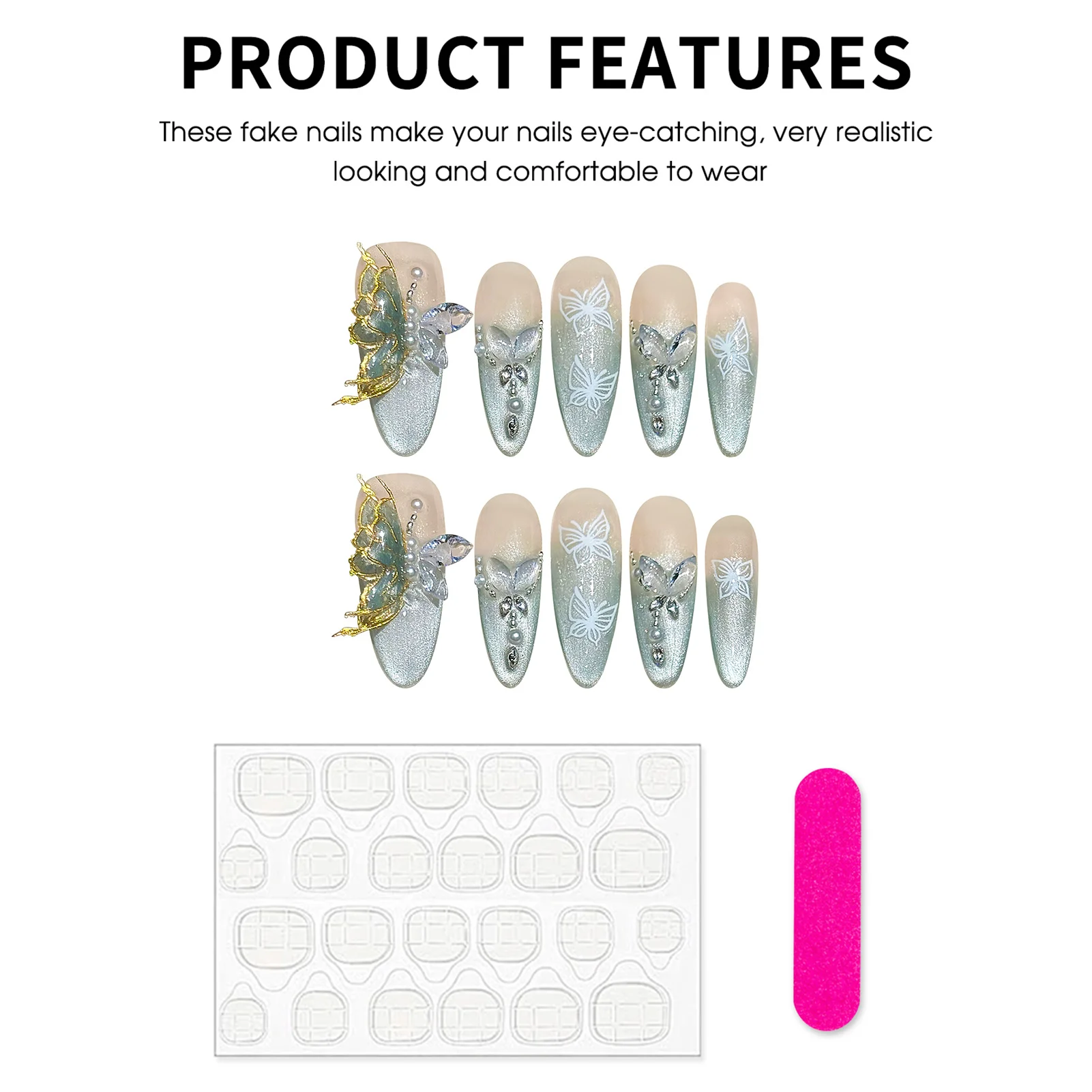그라데이션 블루 캣아이 네일 팁 수제 3D 나비 프레스온 네일 프렌치 Y2k 웨어러블 아몬드 네일 팁