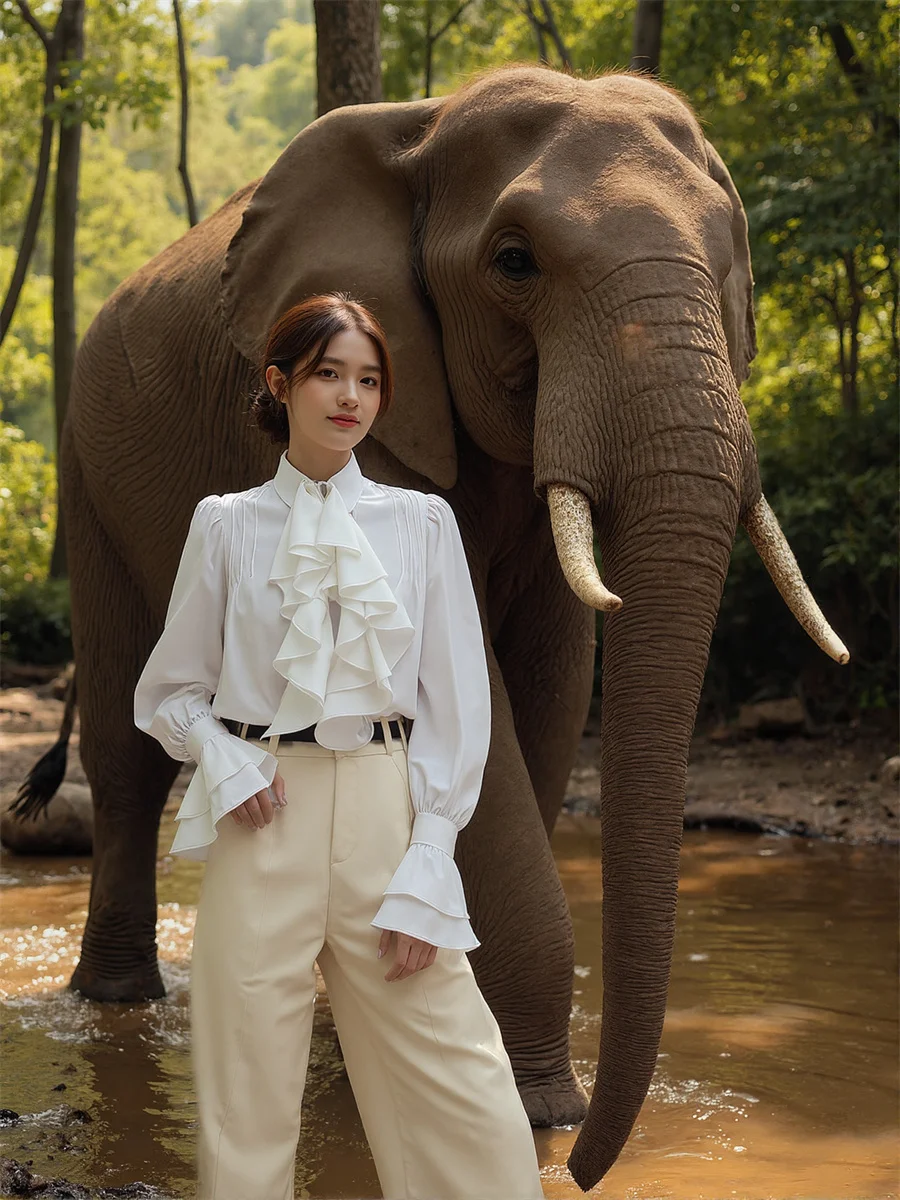 

Ruffles French Style Shirts Japanese Blouses Women'S Christmas Clothes Winter Oversize Irregular American Leopard Floral Yellow