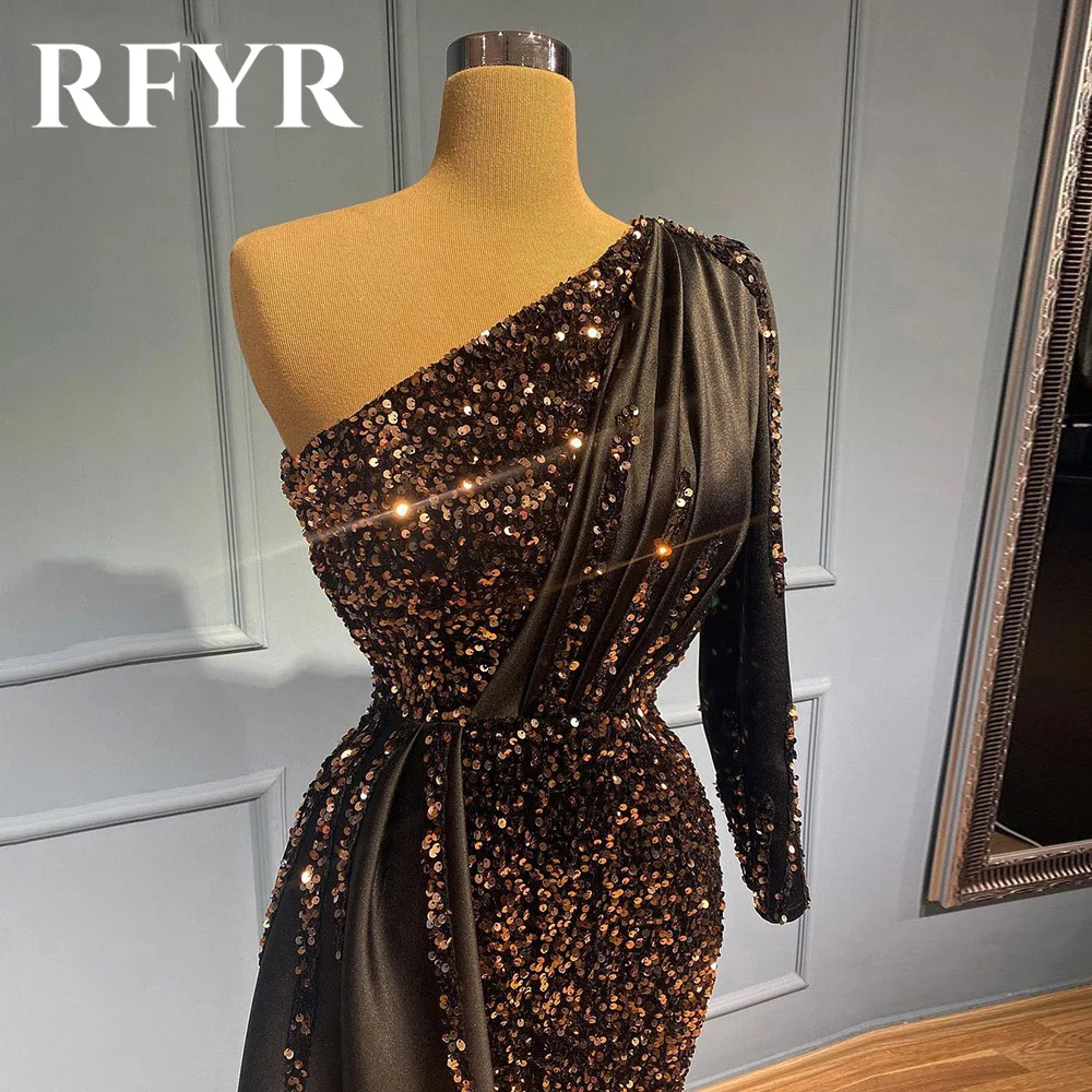 RFYR One Shoulder Woman Evening Dress Gown Sequin Glitter Ball Gown Mermaid Pleat Night Dress Gown robes de soirée Customized