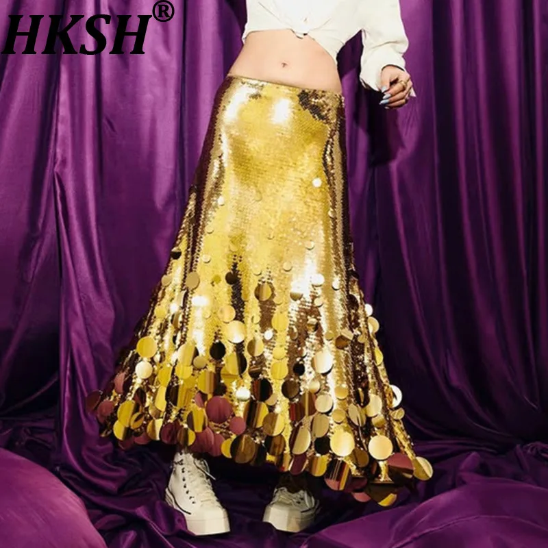 

HKSH Spring Autumn New Women Skirt Heavy Craft Sequined Side Zipper A-line Luxury Elegant Punk Trend Sexy Evening Skirts HK17180