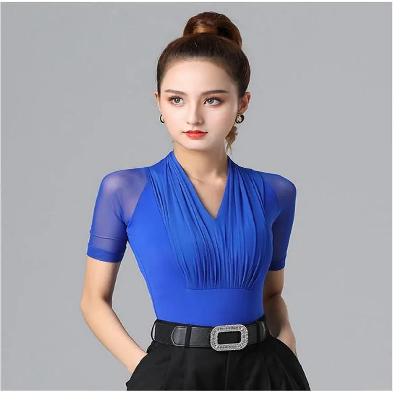 Women One Piece Ballroom Dance Costume Summer Ruffle Neck Latin Dance Top short sleeve mesh training suit one-piece shirt