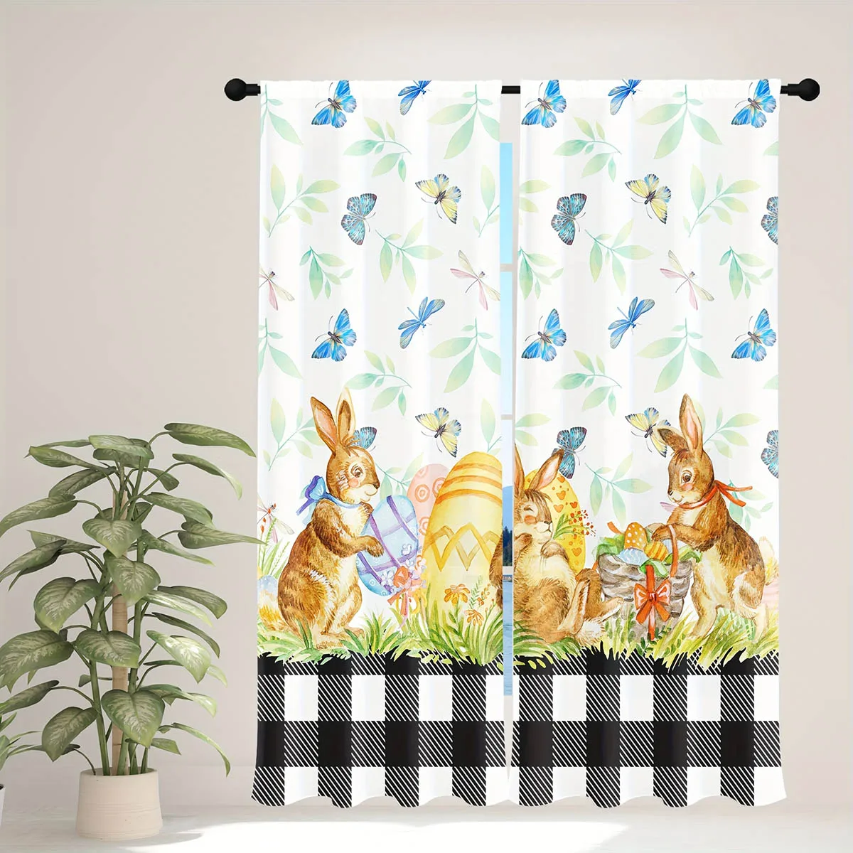 Butterfly Cute Rabbit Easter Cartoon Print Curtain Rod Pocket Bedroom Living Room Dining Room Kids Room Decorative Curtain 2 Pcs