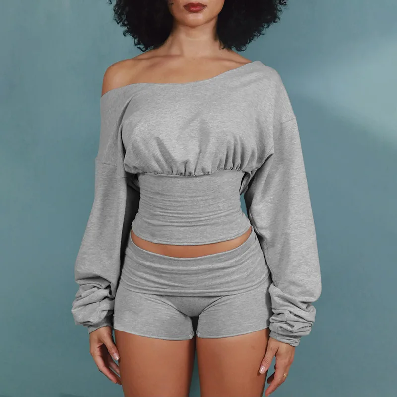 Blifanbo شورت غير رسمي قطعتين مجموعات النساء كم طويل قبالة الكتف سليم الدانتيل متابعة تي شيرت علوي وسراويل الموضة مطابقة مجموعة