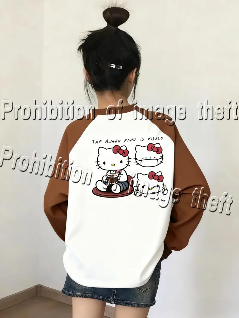 الخريف والشتاء العصرية مرحبا كيتي الوالدين الطفل قميص طويل الأكمام سميكة مطبوعة الأسرة في الهواء الطلق خلع الملابس جو أعلى