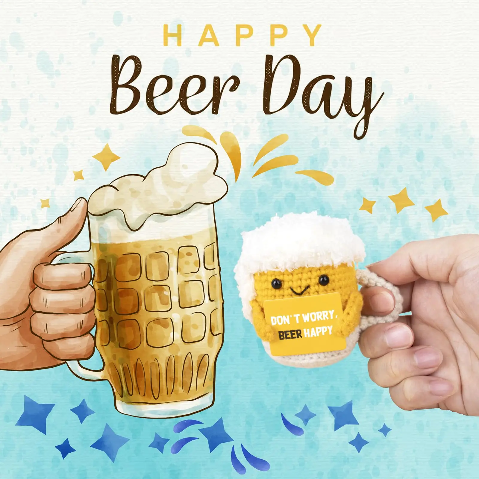 Positive Energy Crochet Beer Gift, Comes with an Encouraging Affirmation Card, Handmade Emotional Positive Support Beer, Thoughtful Stress-Relief Gift for Women and Men, Cute Birthday and Desk Decoration