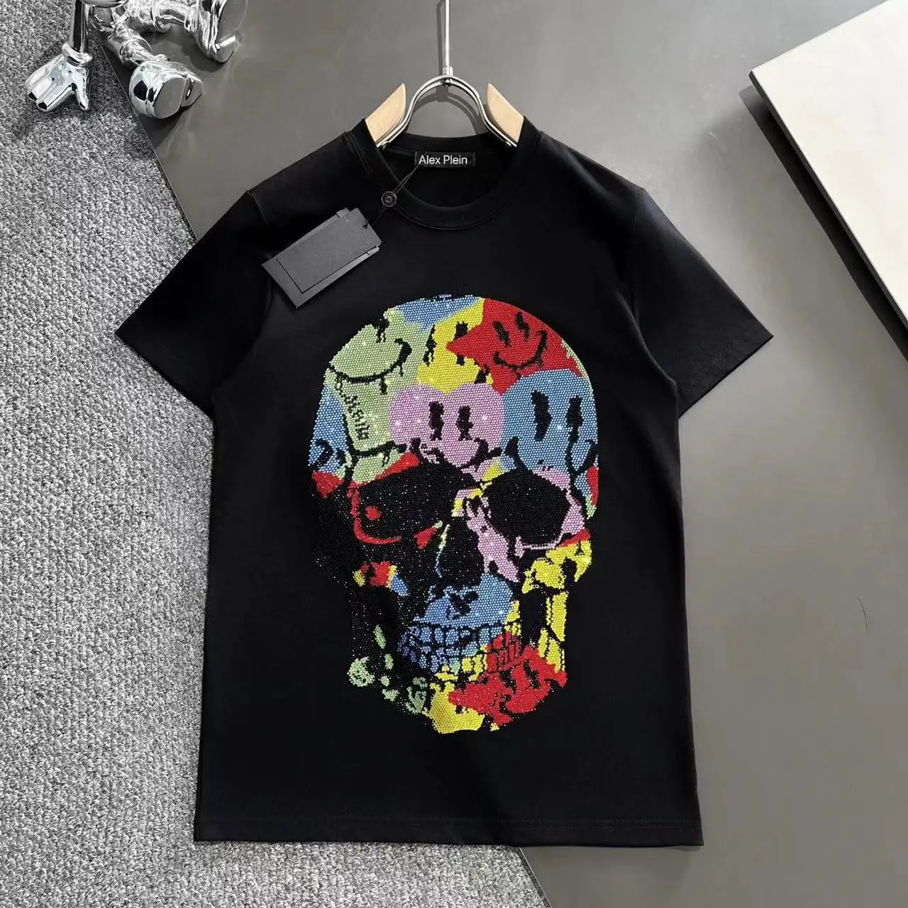 Alex Plein Men\'s Fashion Clothing Round Neck 2024 Summer Colorful Skull Head Hot Diamond Short Sleeve Couple Cotton T-shirt