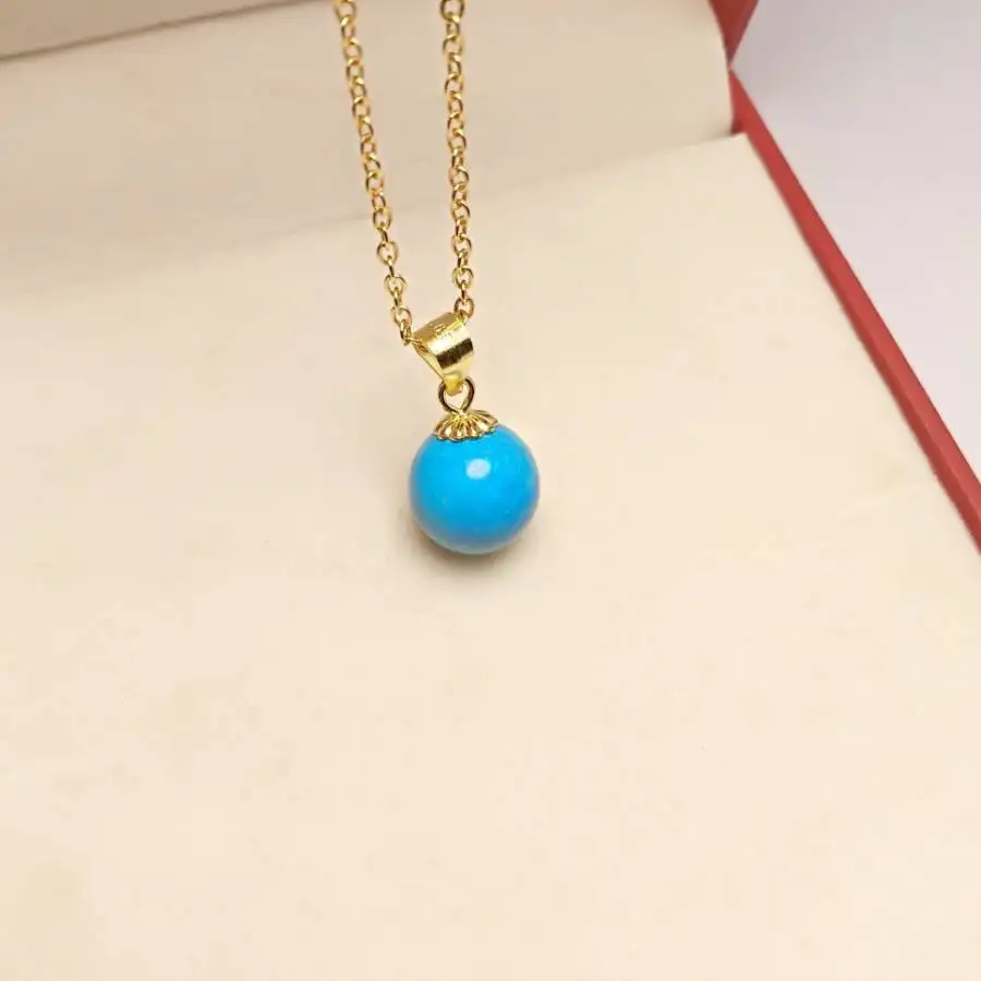 

Handmade Genuine Turquoise Ball Pendant Necklace Gold Tone Chain Fashion Jewelry Gift for Her