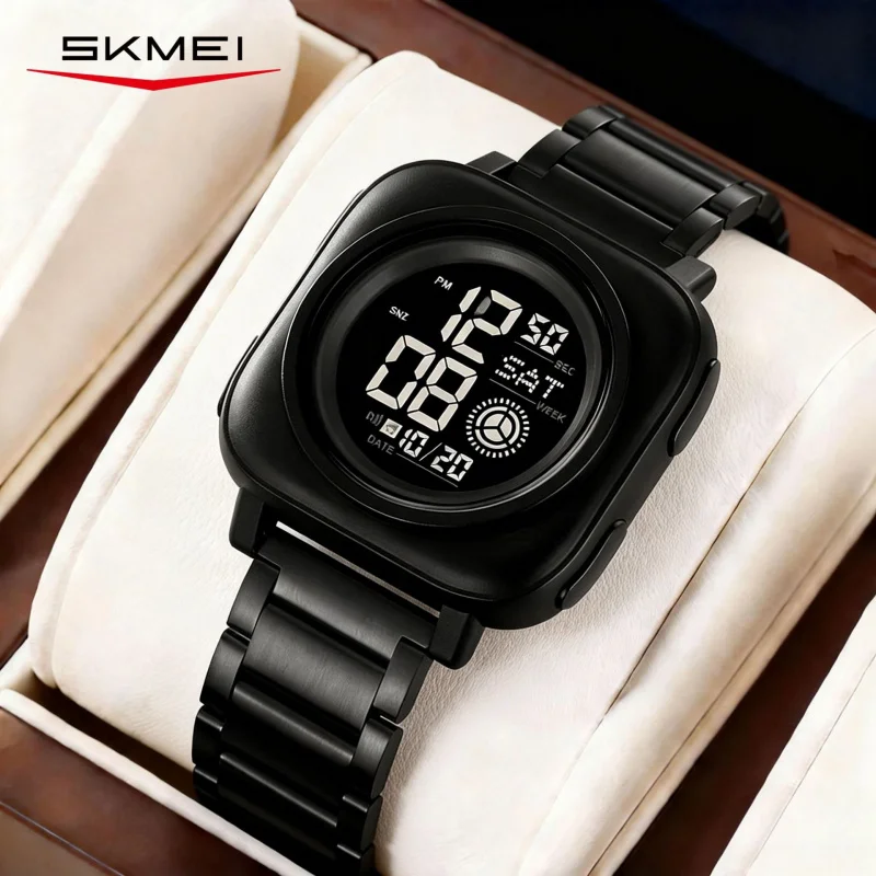 SKMEI Carbon Fiber Case Sport Digital Watch, Multifunction Waterproof Men's Watch, Trendy Square Digital Watch