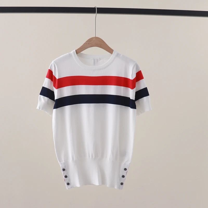 

Summer New TB Academy Style Stripe Contrast Round Neck Pullover Ice Silk Short Sleeve Knitted T-shirt Slimming Top