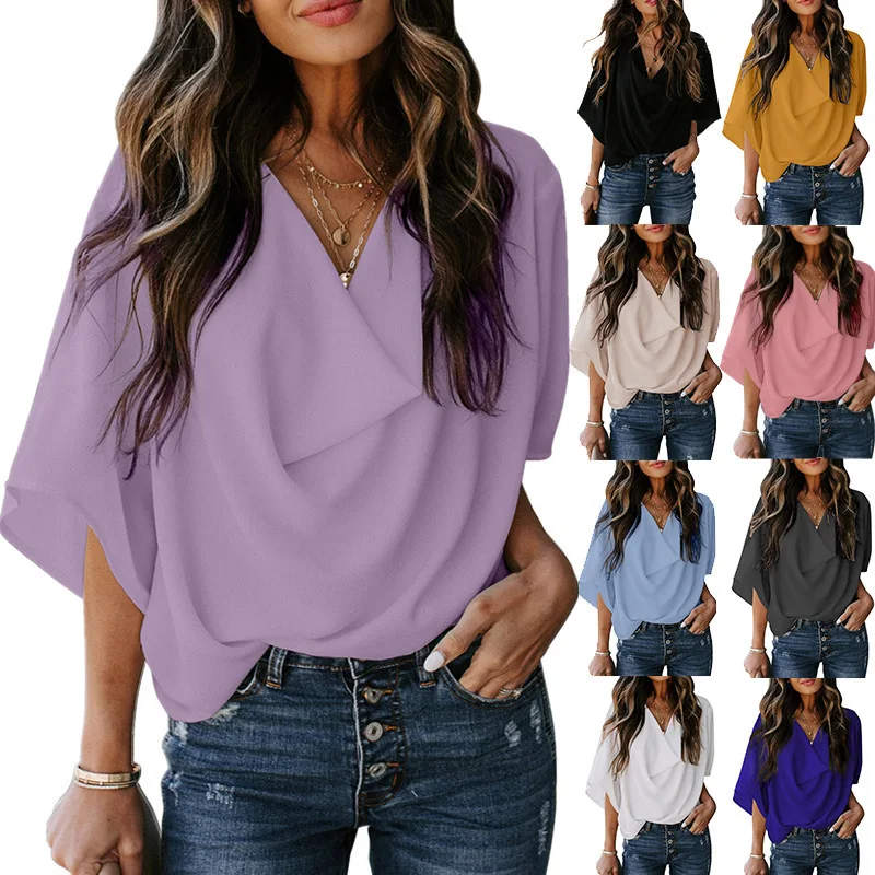 Women's Solid Color V Neck Batwing Short Sleeve T‑Shirt Soft Comfortable Versatile Trendy Casual Commute Daily Wear Blouse Top