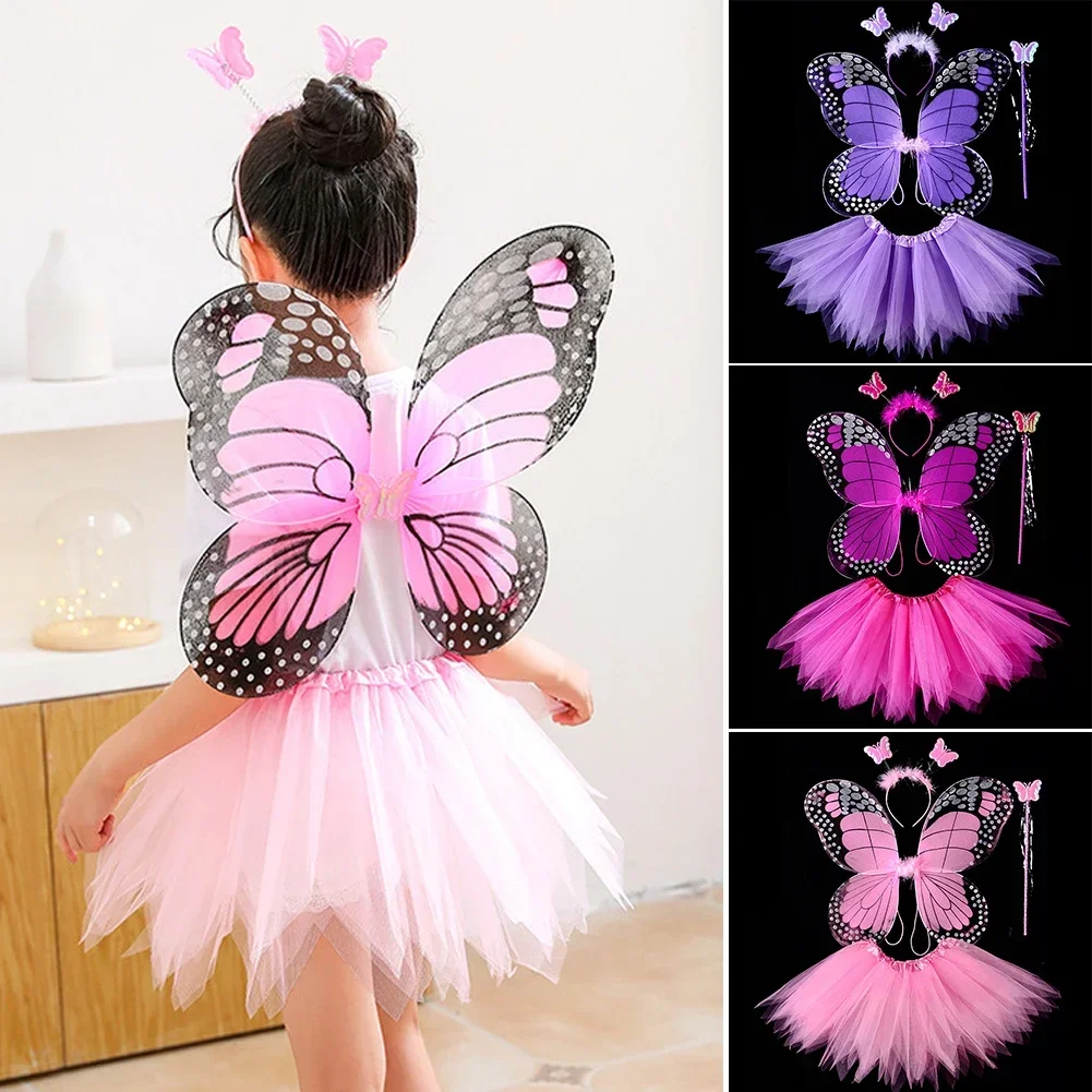 

3/4Pcs Adult Kids Fairy Costume Set Simulation Butterfly Wings Pointed Headband Wand Princess Girls Party Dress Up Christmas