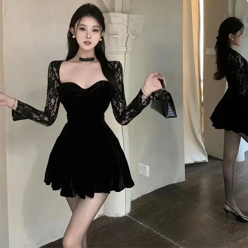 Korejepo High End Black Dress French Temperament Socialite Birthday Dresses Lace Square Neck Velvet Dress Autumn Winter New