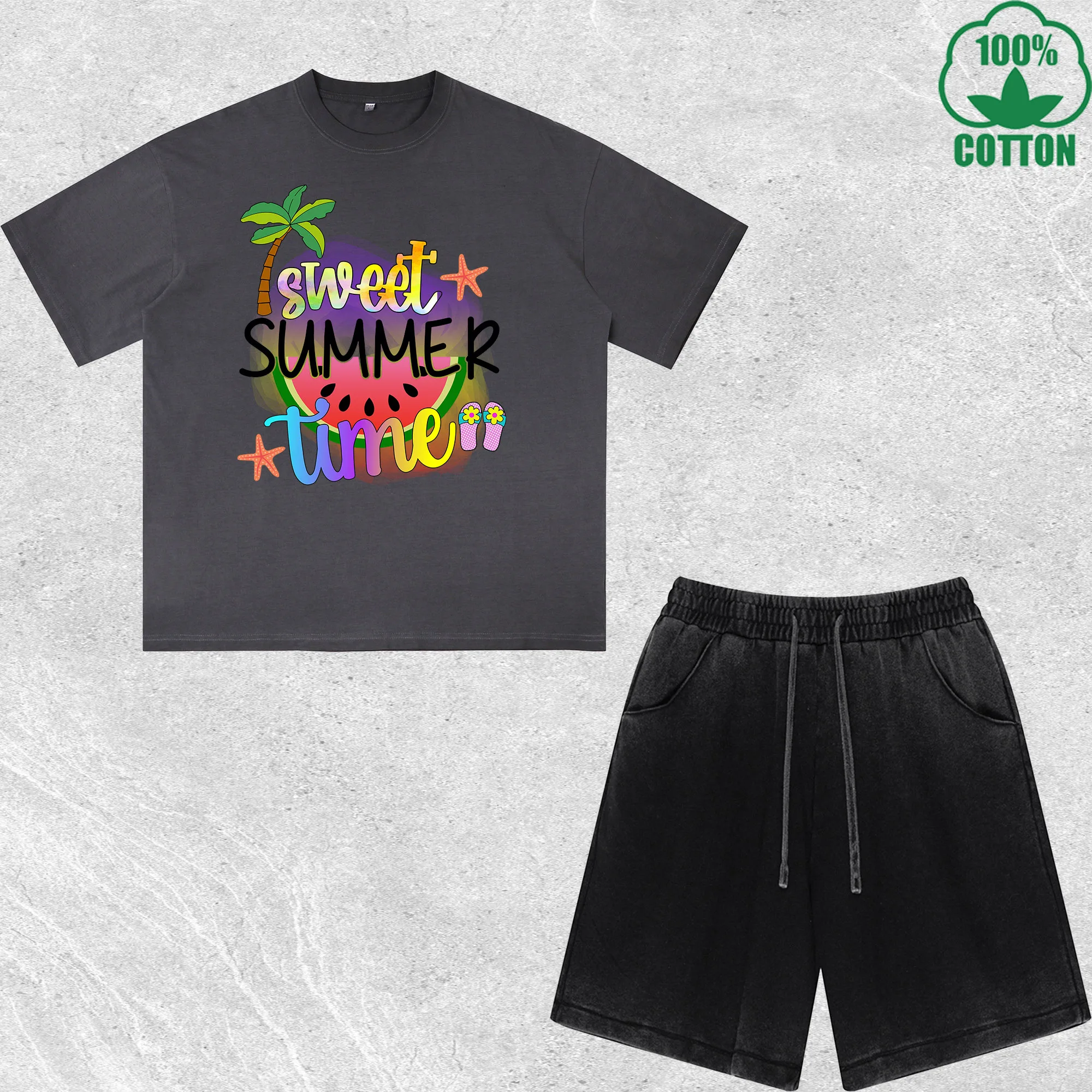 

Sweet Summer Printed Dirty Wash T-Shirt Shorts Set Multicolor Combo Loose Trendy Fashionable 100%Cotton