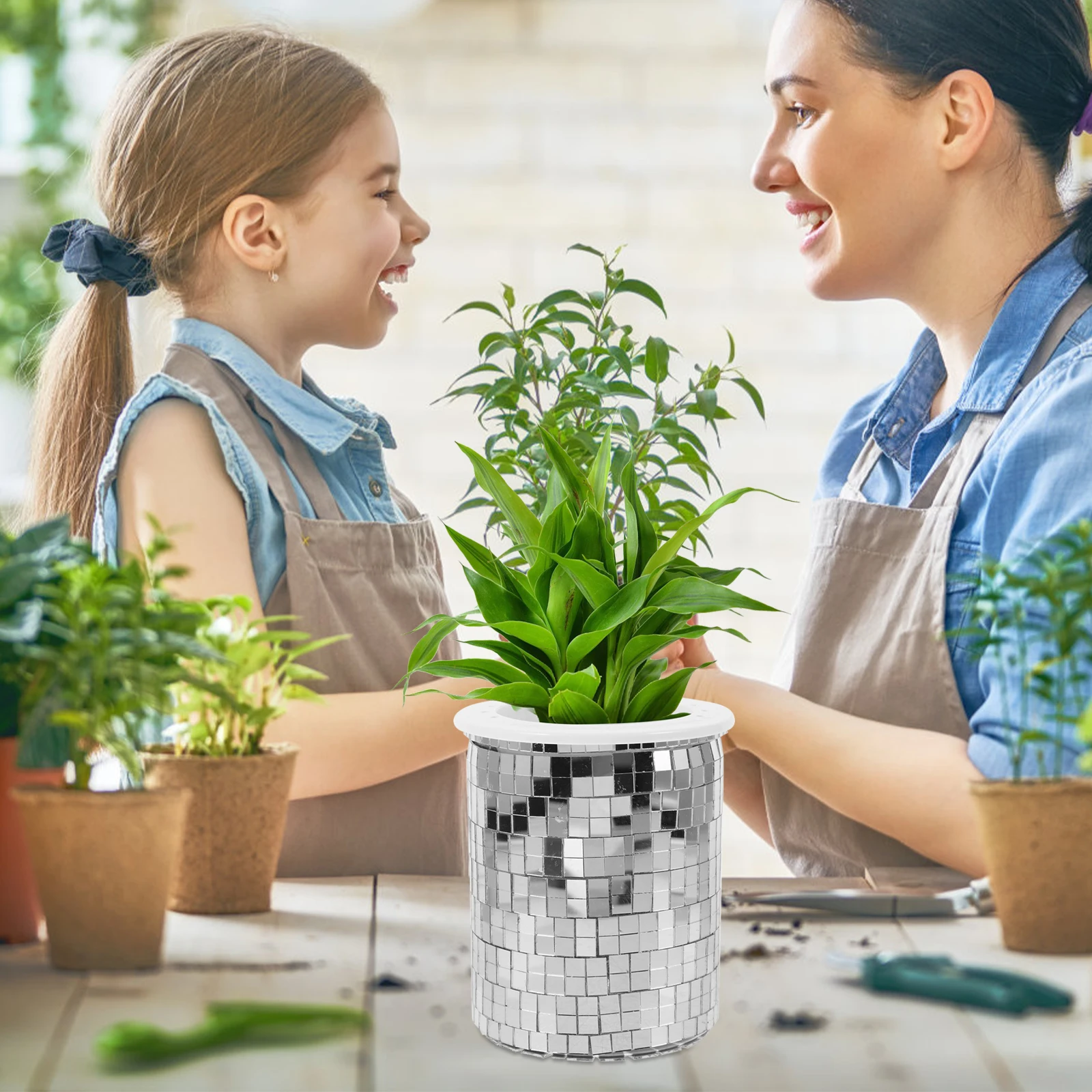 

Disco Planter Mirror Flower Pot Succulent Container Plastic Planter Gardening Flowerpot Desk Organizer Storage Cylinder