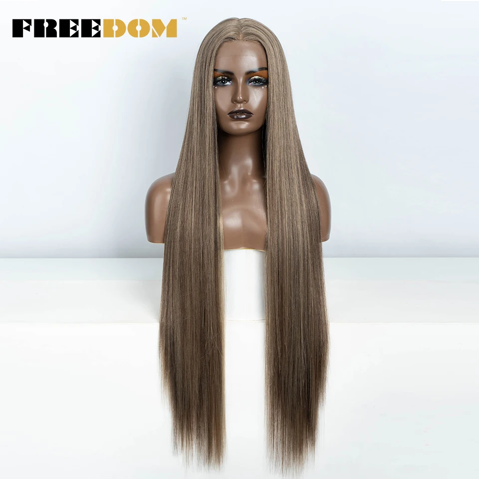 VRIJHEID Rechte Synthetische Kant Voor Vrouwen 38 Inch Lange Ombre Bruin Rood Blond Hoogtepunt Kant Frontale Pruiken Cosplay Pruik