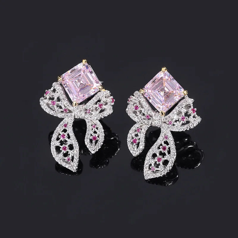 Trendy 925 Sterling Silver Stimulated Diamond Pink Bow knot Earrings For Women Elegant Stud Earring for Woman