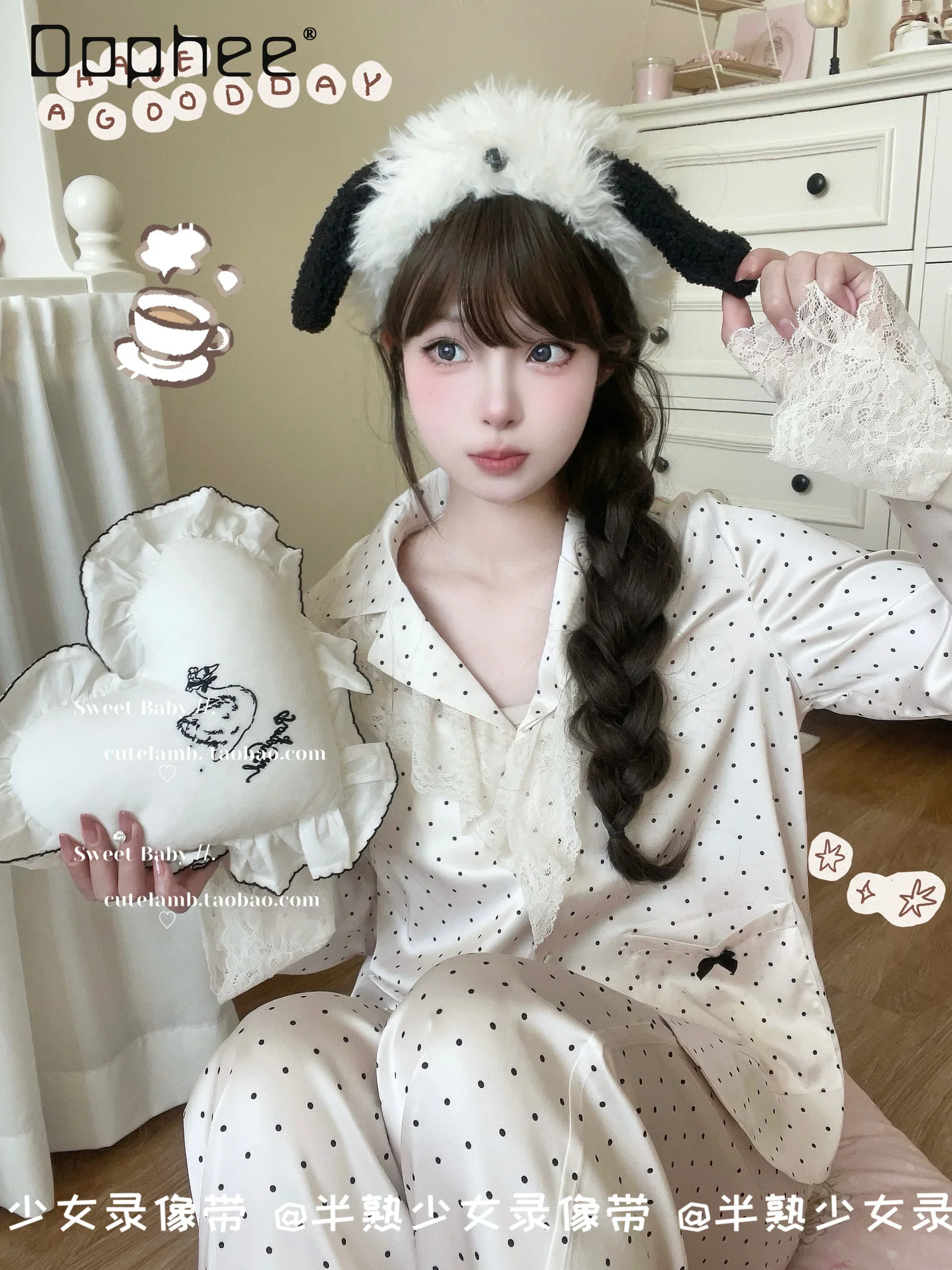 Lace French Retro Ice Silk Pajama Sets Polka Dot Sweet Long Sleeve Lapel Ruffle 2024 Spring and Autumn Girls Home Clothing