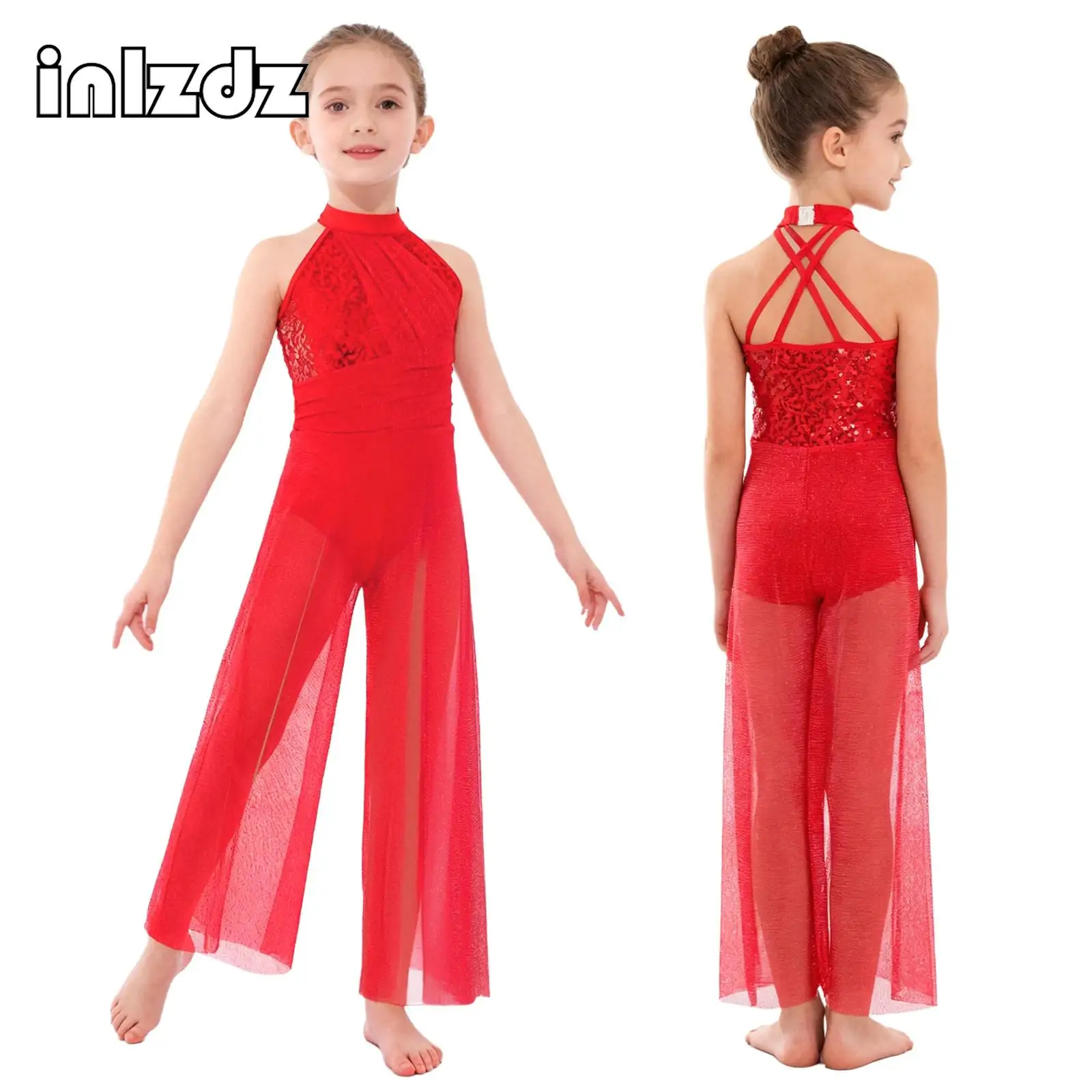 

Kids Girls Lyrical Modern Dance Performance Jumpsuit Costumes Sleeveless Sequins Bodice Shimmery Mesh Split Wide-Leg Bodysuit