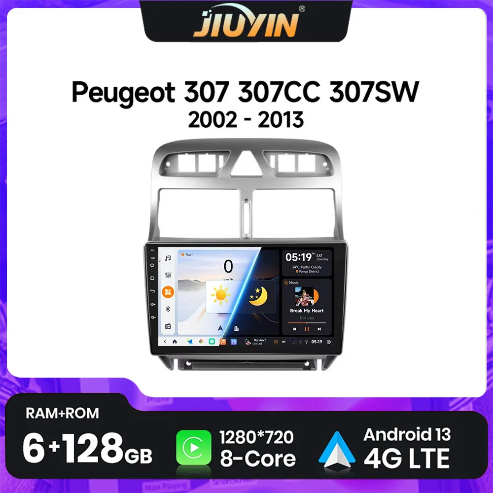 

JIUYIN 2 Din Android 13 Автомобильный радиоприемник для Peugeot 307 CC SW 2002-2013 RDS Стерео Мультимедийный видеоплеер беспроводной Carplay Auto GPS