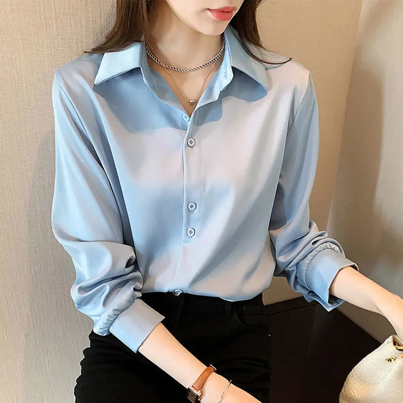 Elegant Fashion Korean White Long Sleeve Covered Button Comfortable Blouses Straight Loose Wild Solid Color Shirt Women Clothing