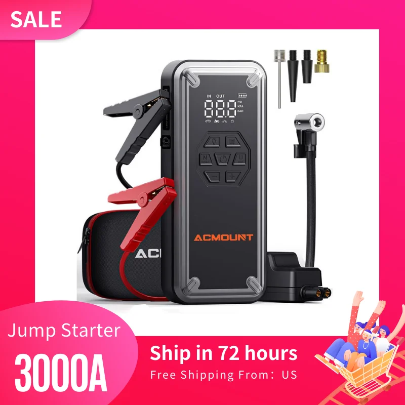 

3000A Car Jump Starter with Air Compressor，150PSI Tire Inflator, 12V Battery Booster for 9.0L Gas/8.0L Diesel, LCD Display&Light
