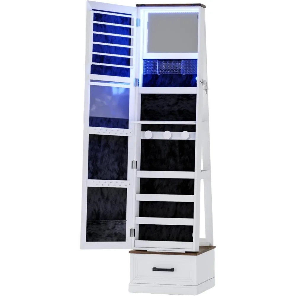 

Freestanding Jewelry Cabinet with Full-Length Mirror, Built-In Makeup Mirror, and Bottom Wheels