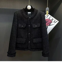 Chaqueta de Tweed negra con cuello redondo para mujer, abrigo de traje corto, temperamento, Cassic, otoño e invierno, nuevo