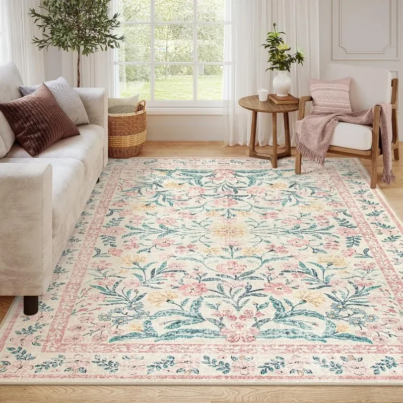 Carpet for Living Room Green Floral Pattern Non-slip Coffee Table Rug Machine Washable Folding Bedside Bedroom Mat Alfombra 러그