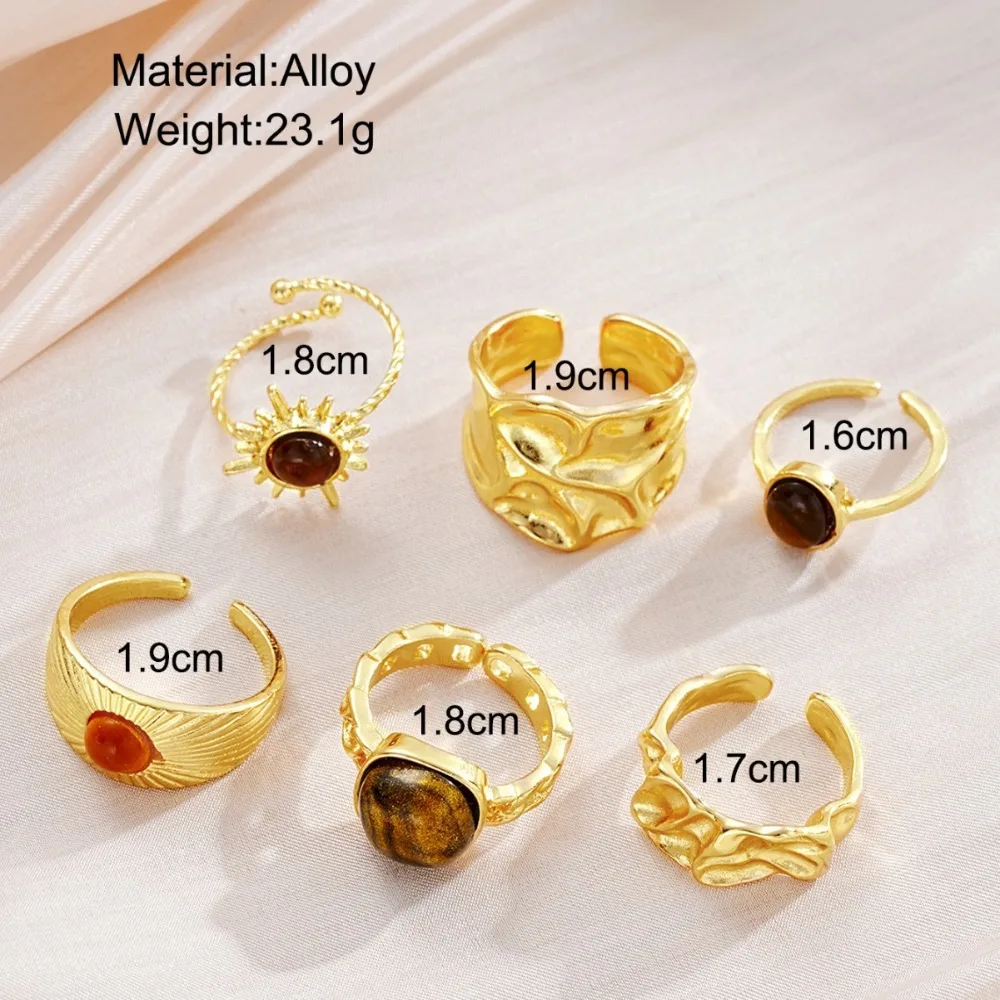 6 Pcs Set Vintage Tiger Eye Stone Ring Set for Women Fashion Gold Color Irregular Sun Flower Open Rings Boho 2026 Jewelry Gifts view 6