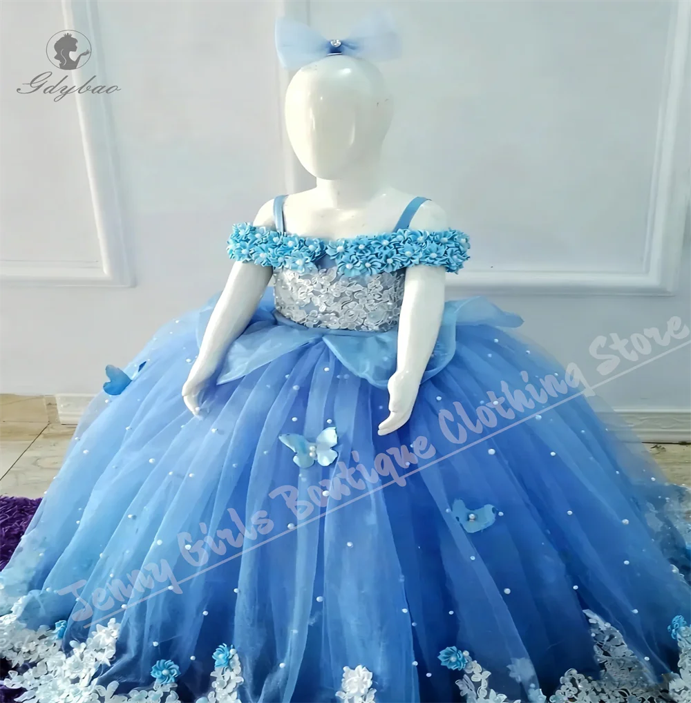 Adorable Light Blue Flower Girl Dress With White Pearl Decorations And Thin Straps Suitable For Weddings Parties Photo Shoots