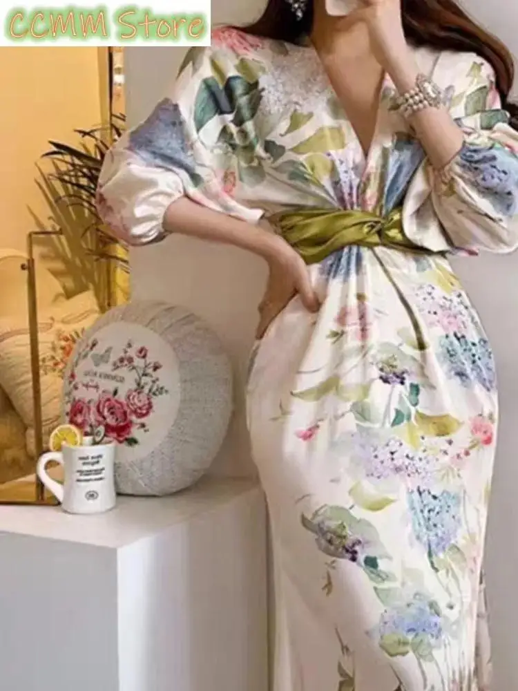 Robe de soirée à imprimé floral pour femmes, manches lanterne, col en V, vintage, batterie, vêtements d'anniversaire élégants, nouveau, printemps, été